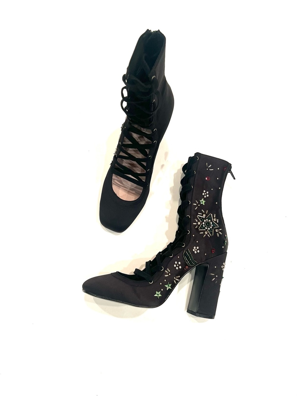 NEW Chinese Laundry Saige Black Satin Beaded High Top Lace Up Block Heeled Boots